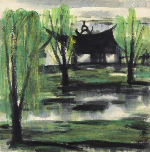 林风眠（1900～1991） 柳塘茅屋 镜心 设色纸本