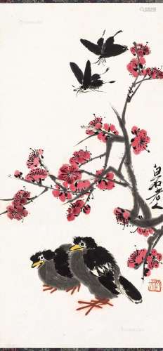 齐白石（1864～1957） 梅花双蝶八哥 镜心 设色纸本
