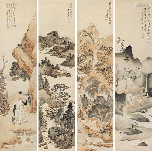 翟继昌（1770～1820） 1807年作 摹明四家笔意 镜心 设色洒金笺