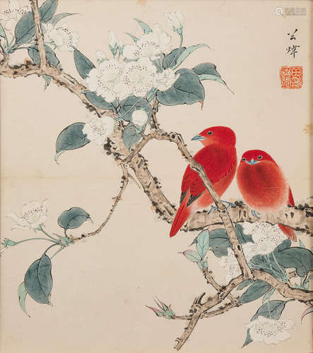 Tian Shiguang (1916-1999) Two Red Sparrows and White Camellia