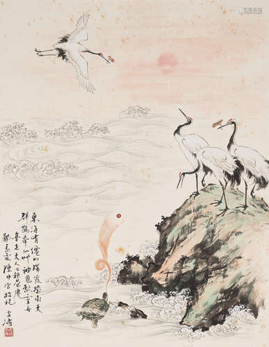 Wang Xuetao (1903-1982) Cranes, Turtle and Longivity