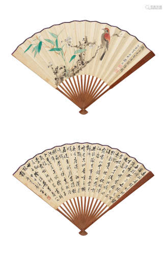 Xie Zhiliu (1910-1997); Liu Yazi (1887-1958) Bird, Plum Blossom and Bamboo; Calligraphy in Running Script
