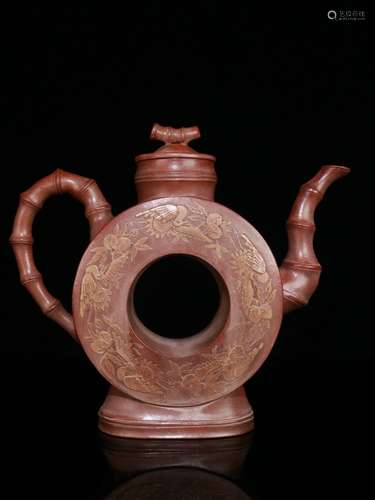 A YoQian Mark Zisha  Zisha  Crane Bamboo Pattern Teapot