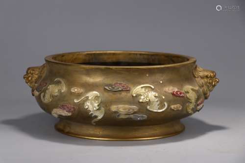 A Double Lion-ears with bow and bat pattern embedded Gilding Bronze Censer