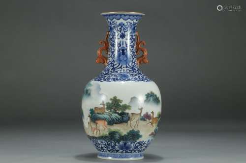 A Blue and White Famille Rose Double-Ear Vase