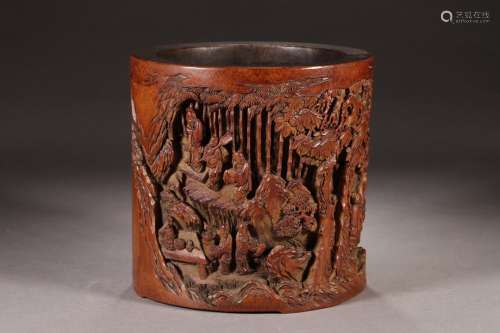 A WuZhiPan Mark Bamboo Carved Figures Brush Pot