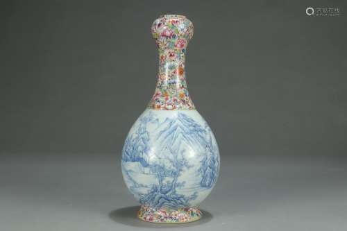 A Daqing-Qianlong-Nianzhi Mark Porcelain Enameled Landscape Garlic Vase