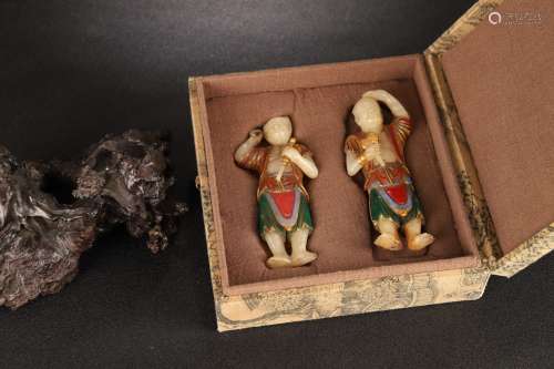 A Pair of Colored Shoushan Figure Ornaments