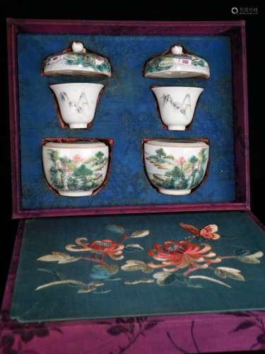 A Set of Porcelain Famille Rose Landscape Vessels