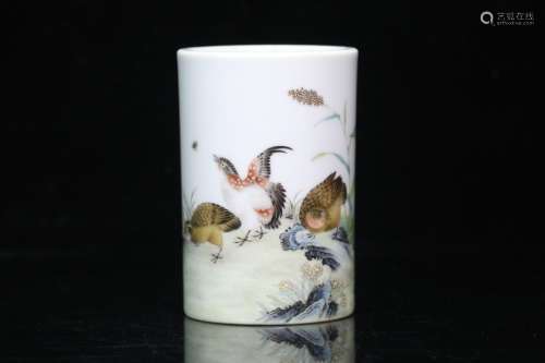 A Famille Rose Floral and Bird Brush Pot