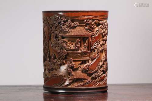 A Chinese Bamboo Story Carved Brush Pot With Zhangzongcang Mark