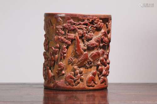 A Chinese Bamboo Figure Carved Brush Pot