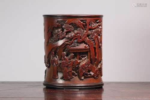 A Chinese Bamboo Story Carved Brush Pot With Mark