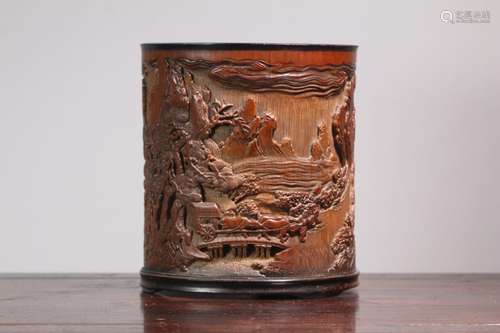 A Chinese Bamboo Story Carved Brush Pot With Shangxun Mark