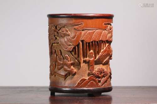 A Chinese Bamboo Story Carved Brush Pot