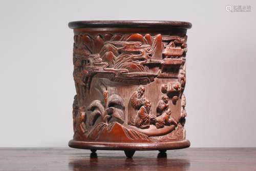 A Chinese Bamboo Story Carved Brush Pot With Mark