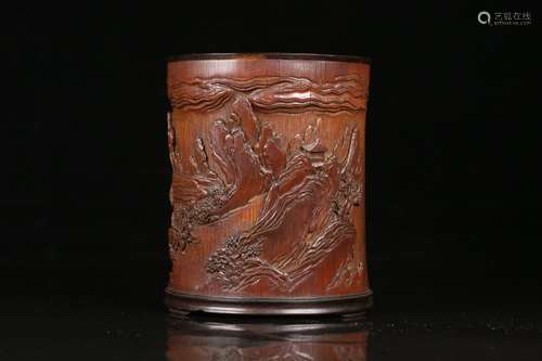 A Chinese Bamboo Story Carved Brush Pot