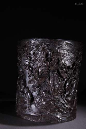 A Chinese Rosewood Arhat Carved Brush Pot