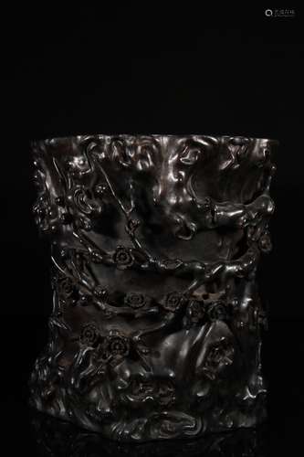 A Chinese Rosewood Auspicious Pattern Brush Pot