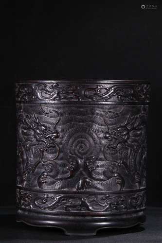 A Chinese Rosewood Dragon Carved Brush Pot