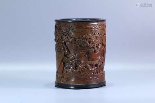 A Chinese Rosewood Brush Pot With Story Pattern Carving