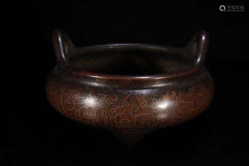 A Chinese Bronze Beast Carved Ear Censer