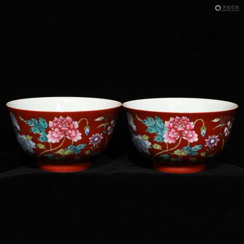 Pair Of Chinese Porcelain Daqing-Yongzheng-Nianzhi Mark Alum Red Femille Rose Flower Pattern Bowls