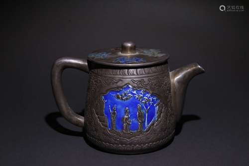 A Chinese Silver Enameling Blue Story Carved Teapot