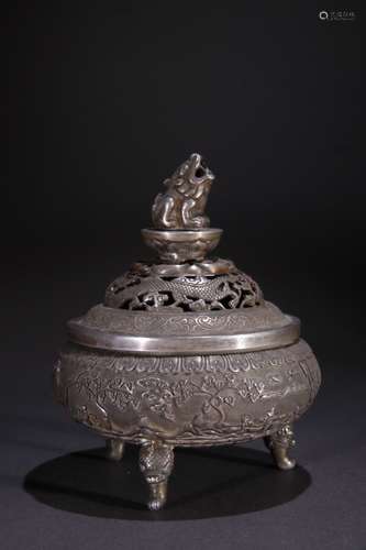 A Chinese Silver Enameling Blue Story Carved Censer