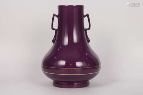 A Chinese Porcelain Daqing-Yongzheng-Nianzhi Mark Purple Glaze Ear Zun