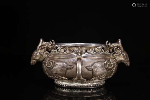 A Chinese Silver Beast Carved Ear Censer