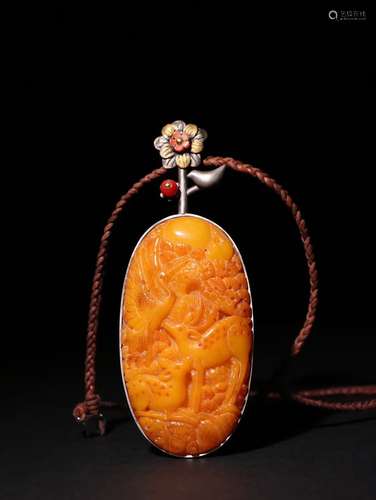 A Chinese Silver Amber Pendant With Crane And Deer Pattern