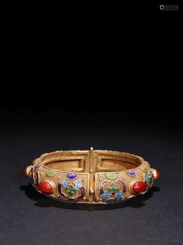 A Chinese Gilt Silver Coral Bangle