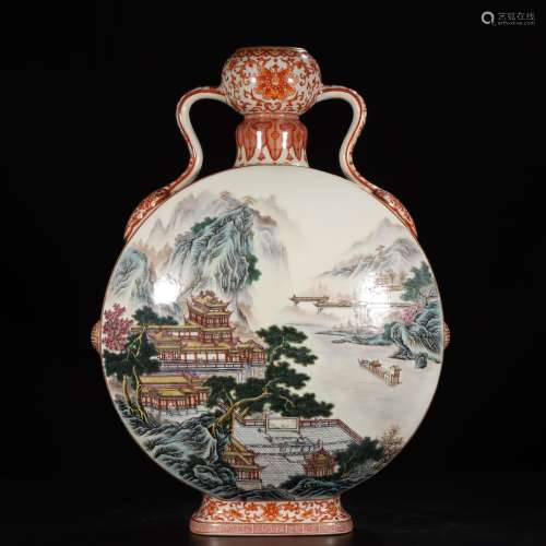 A Chinese Porcelain Daqing-Qianlong-Nianzhi Mark Femille Rose Alum Red Lotus Pattern Moon Flask