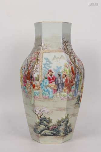 A Chinese Porcelain Daqing-Qianlong-Nianzhi Mark Femille Rose Story Carved Vase