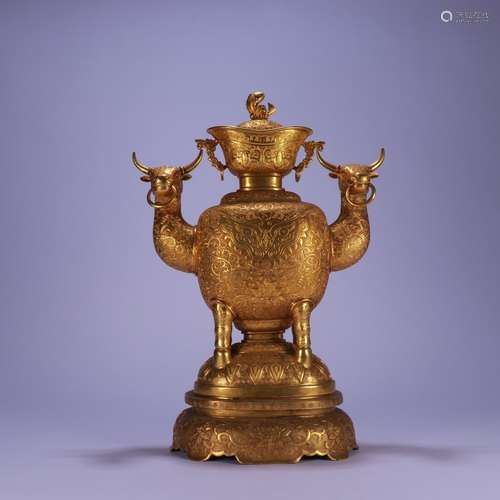 A Chinese Gilt Bronze Vase With Beast Carving