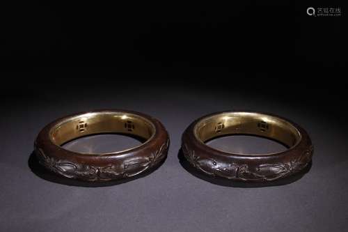 Pair Of Chinese Agarwood Gilt Silver Bangles With Pattern