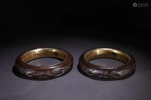 Pair Of Chinese Agarwood Gilt Silver Bangles With Pattern