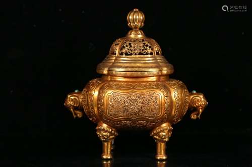 A Chinese Gilt Bronze Beast Carved Ear Censer