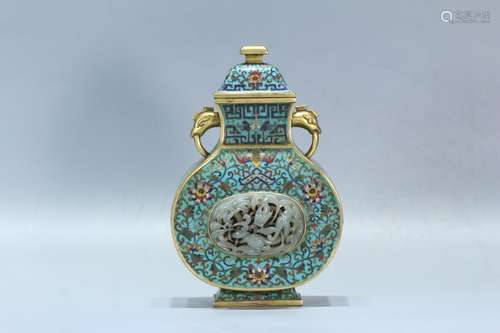 A Chinese Cloisonne Vase Decorated With Hetian Jade