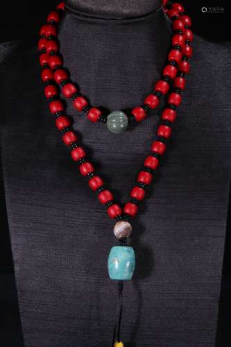 A Chinese Tibetan Turquoise Stone Necklace Sherpa Glass Bead Necklace