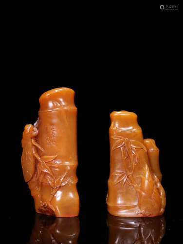 Pair Of Chinese Tianhuang Stone Bamboo Joint Seals With Qibaishi Mark