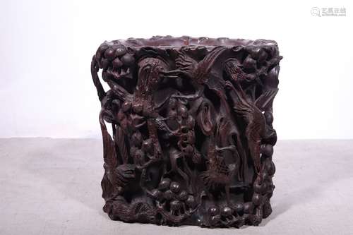 A Chinese Agarwood Crane-Pattern Brush Pot