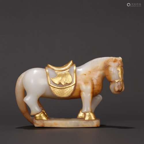 A Chinese Hetian Jade Horse Shaped Ornament With Golden Painting