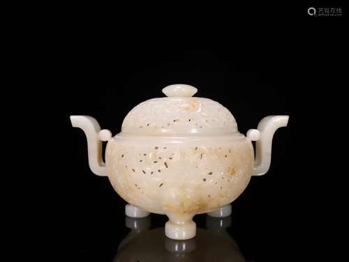 A Chinese Hetian Jade Flower Pattern Carved Censer