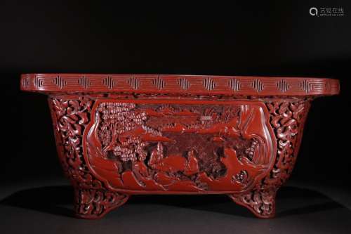 A Chinese Red Lacquerware Story Carved 4-Leg Censer