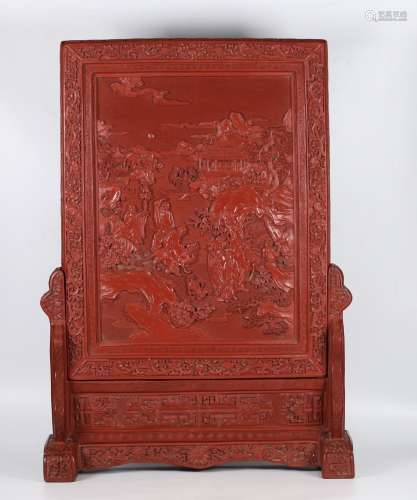 A Chinese Red Lacquerware Arhat Landscape Carved Screen