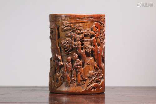 A Chinese Bamboo Story Carved Brush Pot