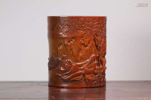 A Chinese Bamboo Story Carved Brush Pot With Yuzhou Mark