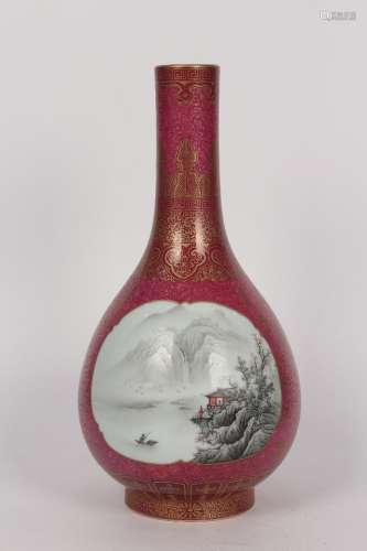 A Chinese Porcelain Daqing-Yongzheng-Nianzhi Mark Red Glaze Gilt Mo Cai Landscape Carved Vase